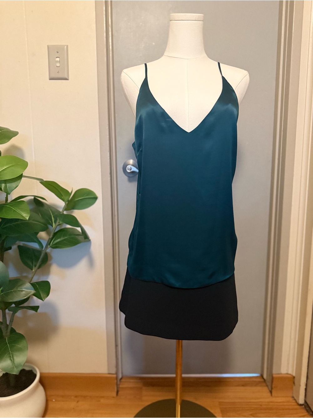 L'AGENCE Dark Teal Satin V-Neck Cami